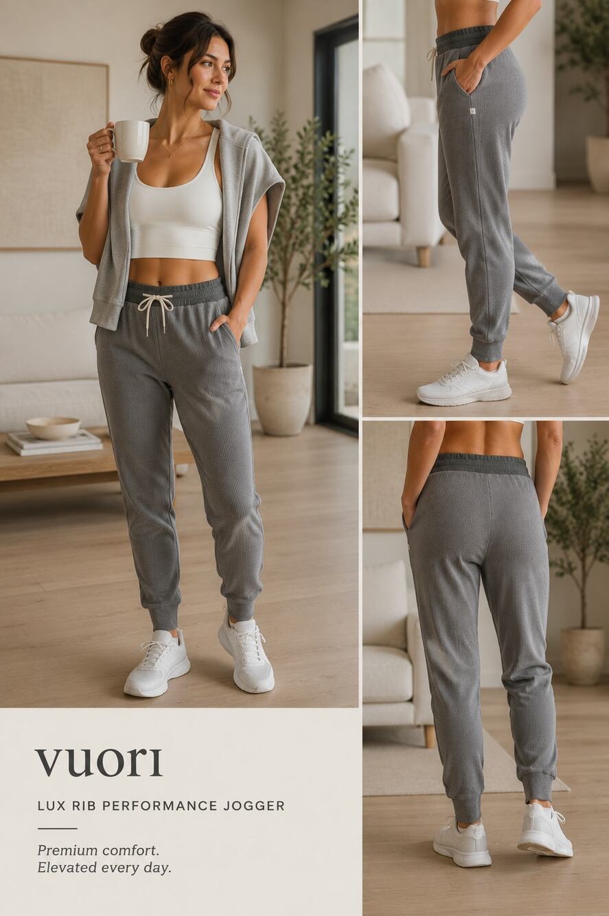 Vuori Lux Rib Performance Jogger Gray Ribbed Athleisure Lounge Pants, Size S